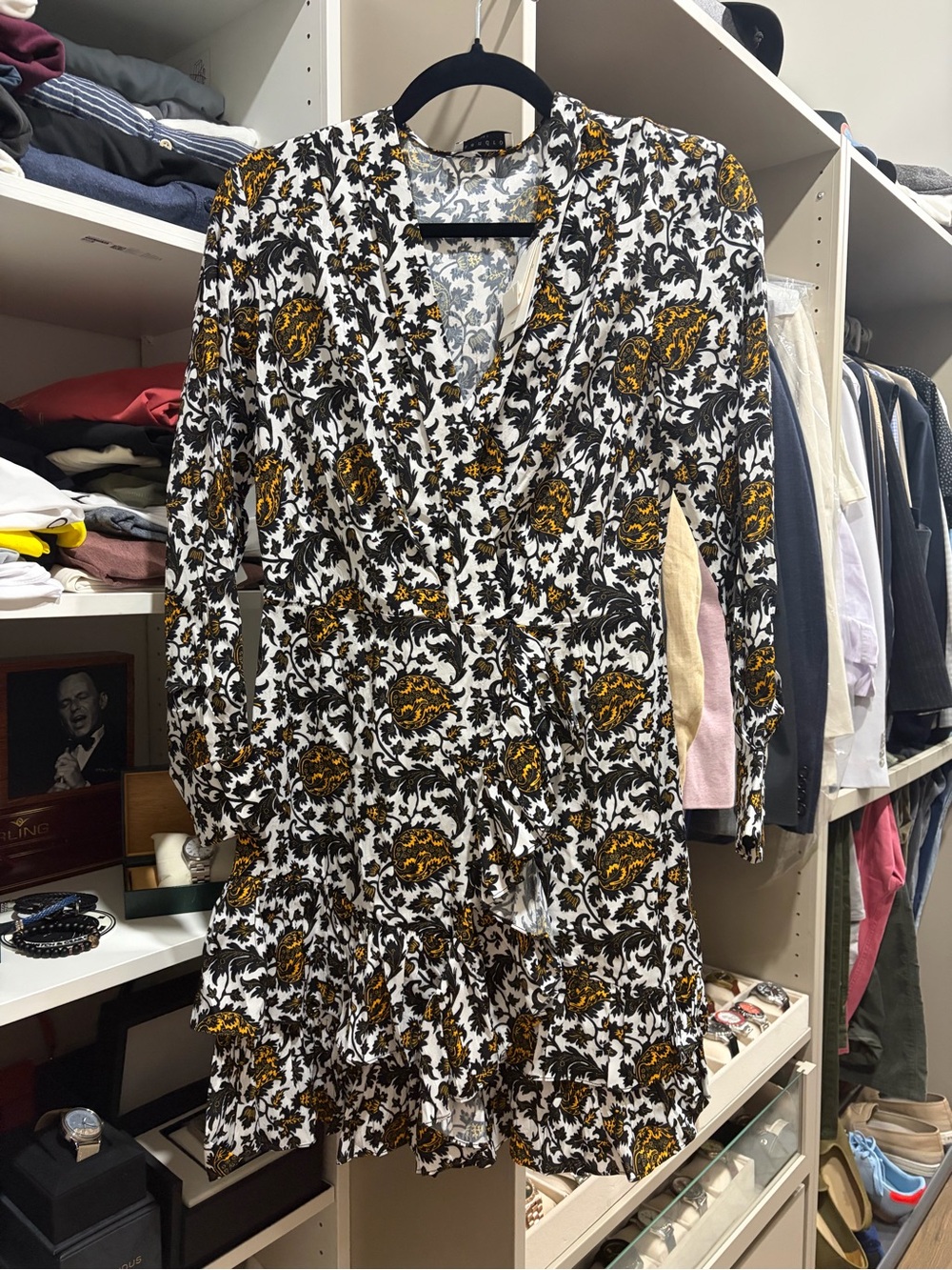 Sandro White Wrap Dress with Mustard and Black Floral Print